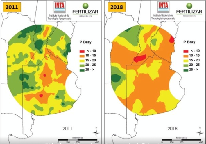 Figura1. Cambio en los niveles de fósforo en el suelo, entre 2011 y 2018. Fuente: Sainz Rozas (2018).