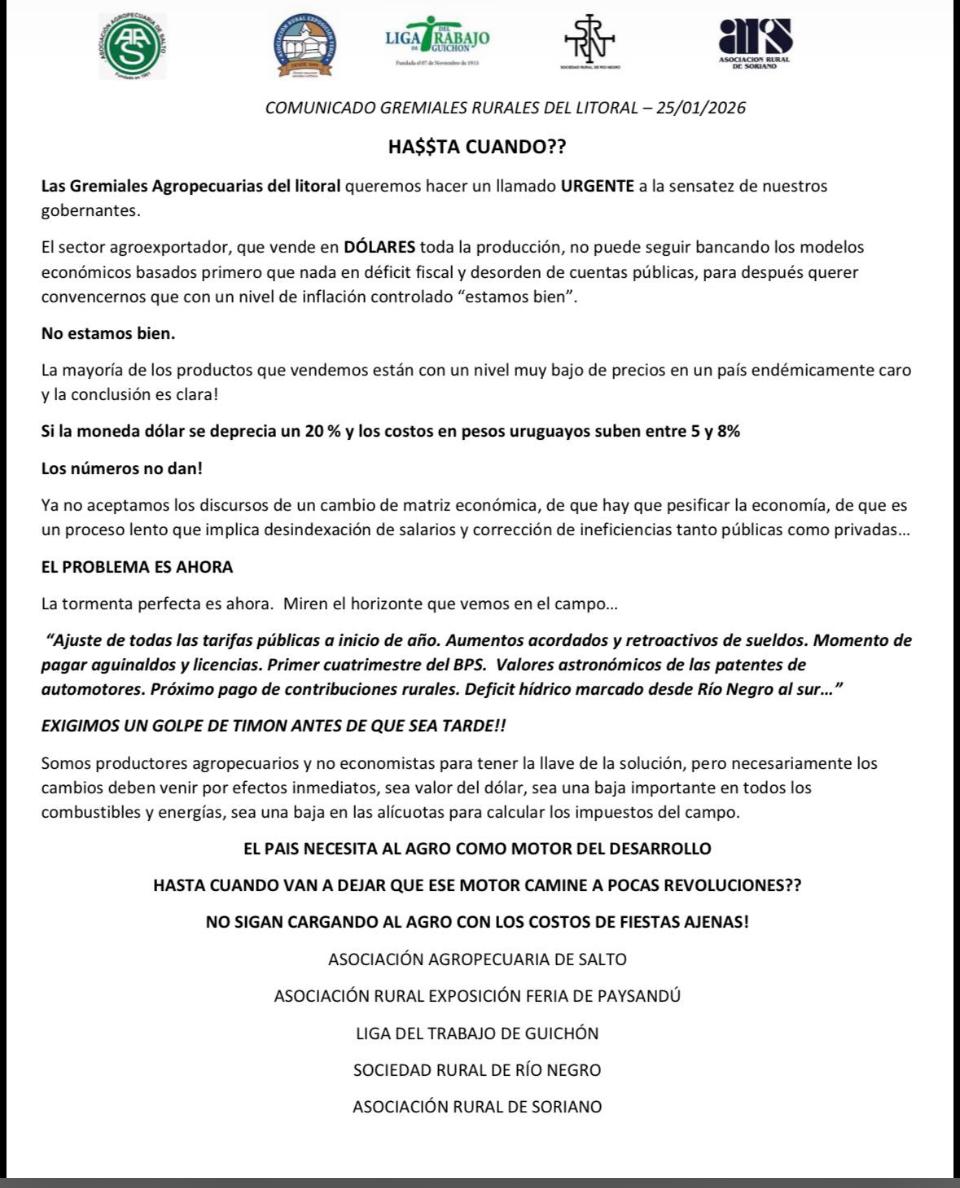 Comunicado oficial de las Gremiales Agropecuarias del litoral